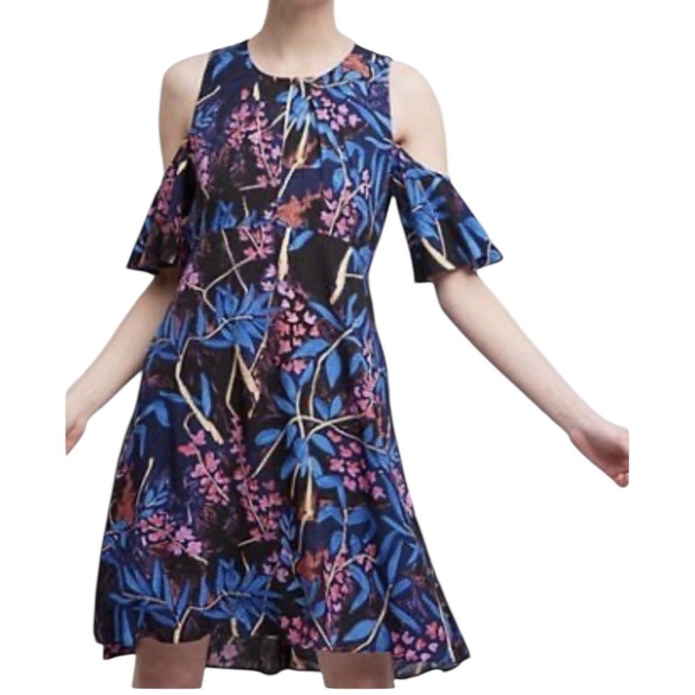 Maeve Anthropologie Size 4 Elia Open Shoulder Dress Black Floral Midi Resort